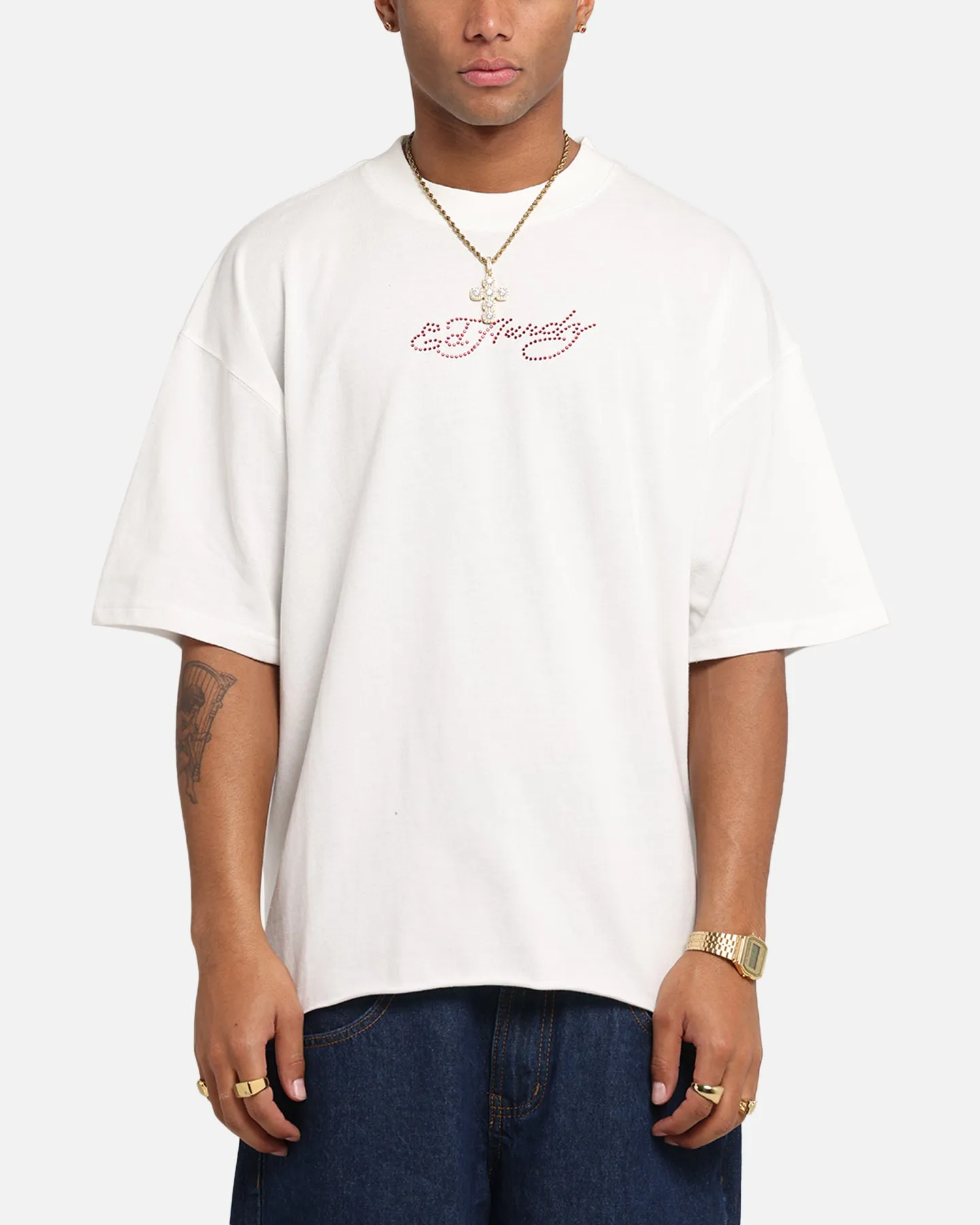 Ed Hardy Techno Rhinestone T-Shirt Off White