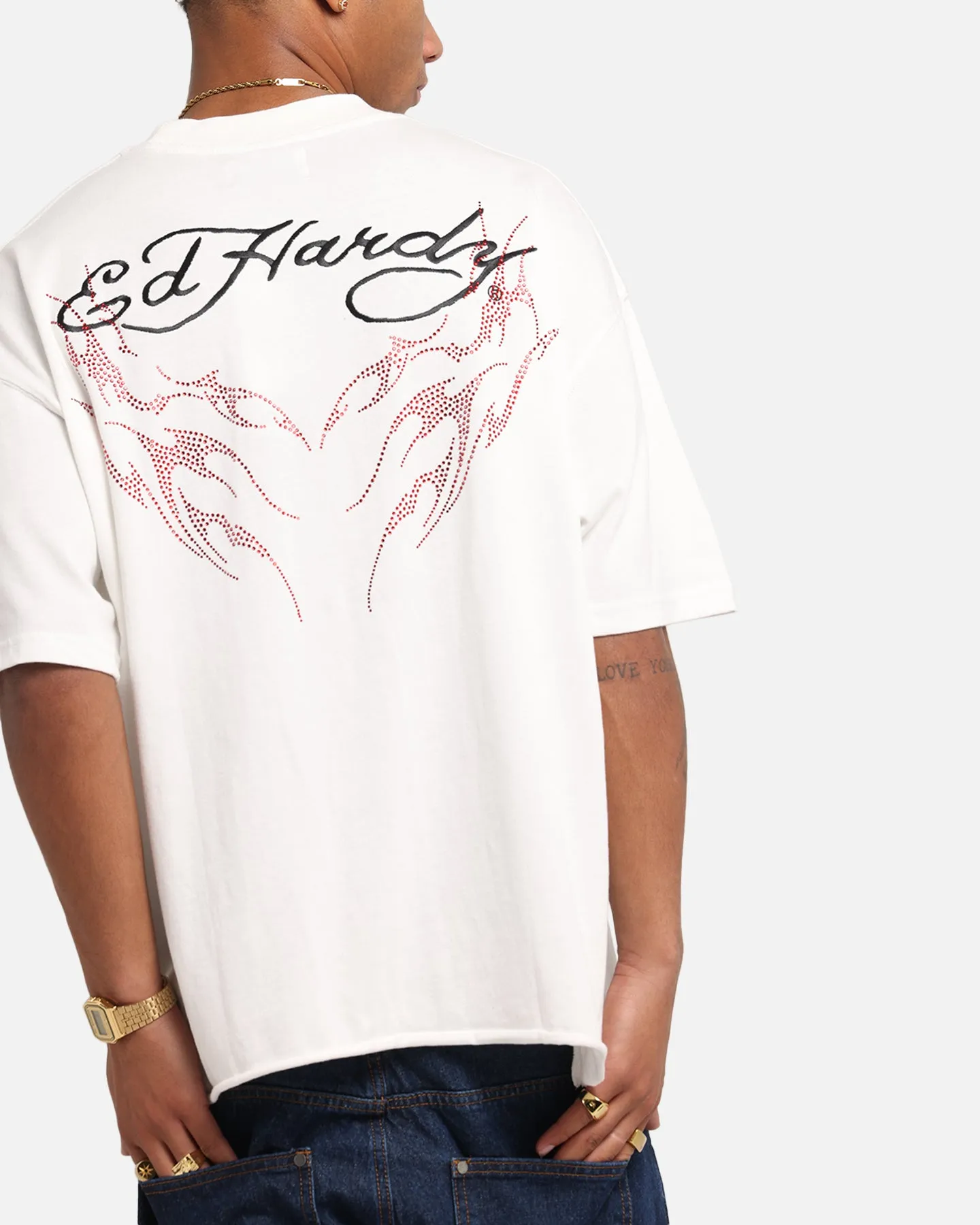 Ed Hardy Techno Rhinestone T-Shirt Off White
