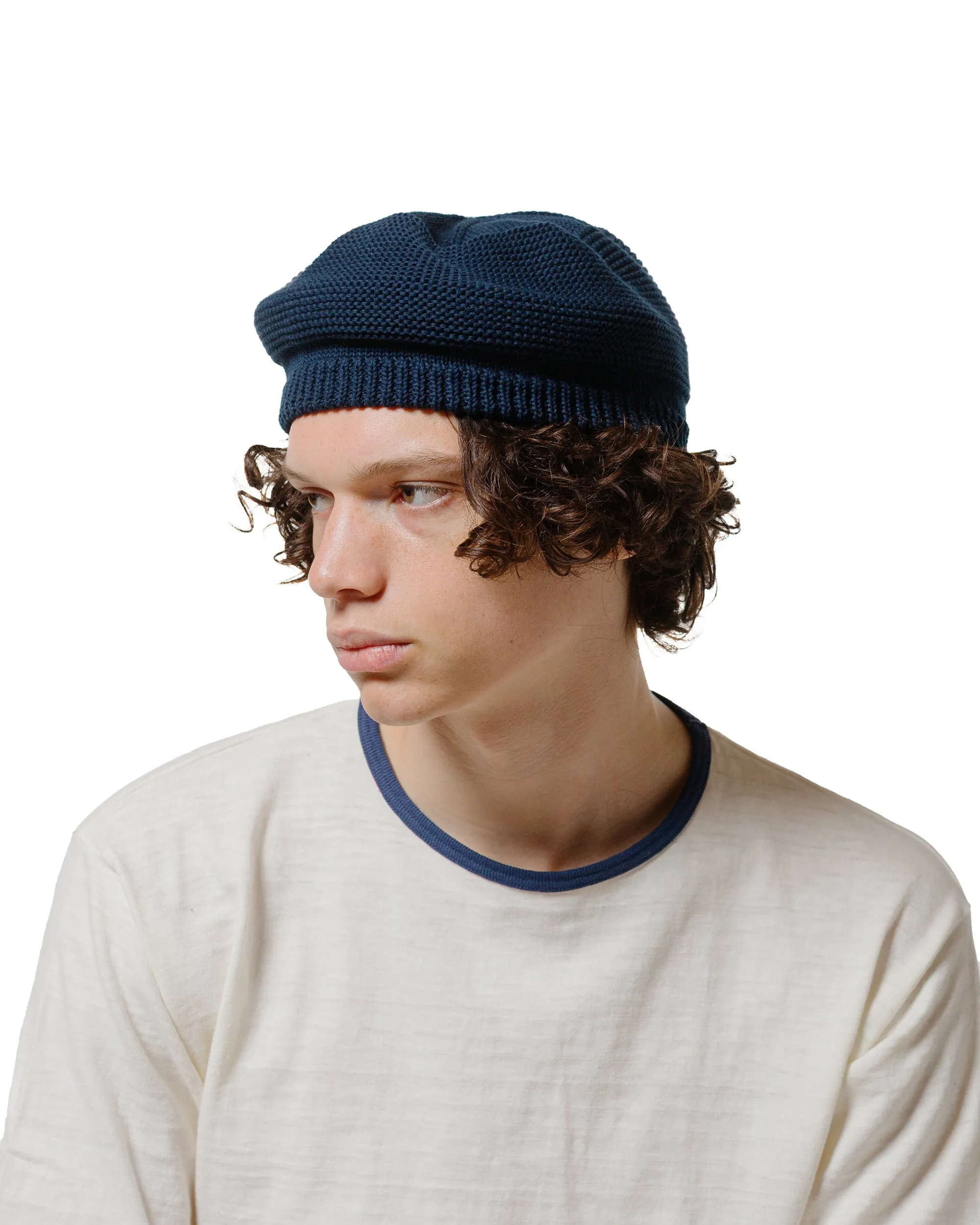 Found Feather Knit Beret Hat Cotton Knit Navy