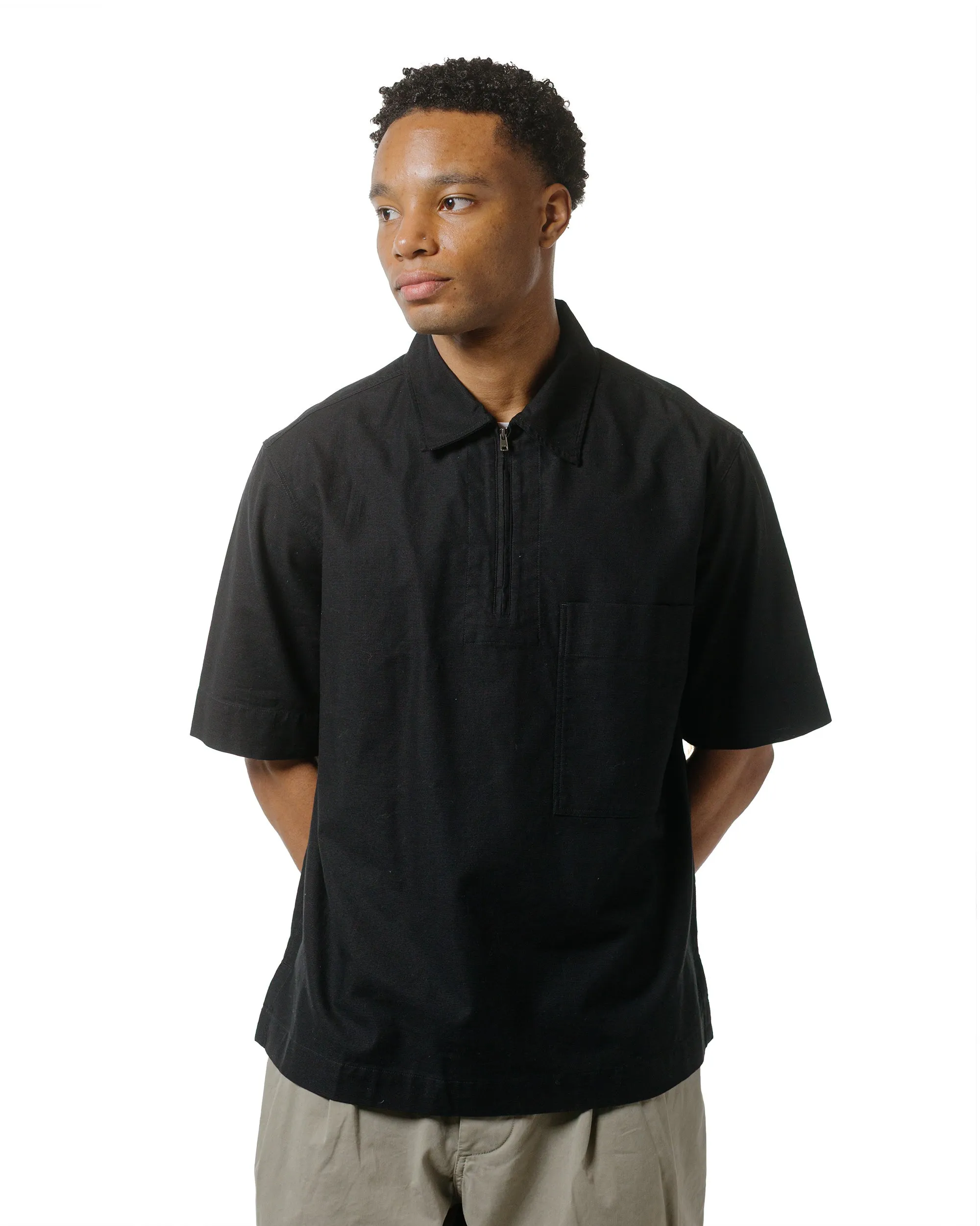 MHL Half Zip Pull On Shirt Textured Cotton Black